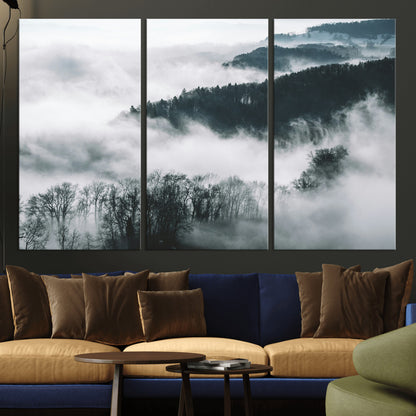 67569654-MGV-CV-36X24-Foggy Forest Wall Art – Mist Covered Hills and Trees Landscape Canvas Print, Moody Nature Photography Decor for Living Room,