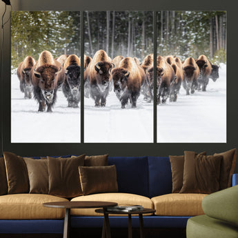 96906195-MGV-CV-36X24-Bison Herd Wall Art – American Buffalo Wildlife Photography Canvas Print, Winter Snow Scene Western Nature Decor for Living Room,