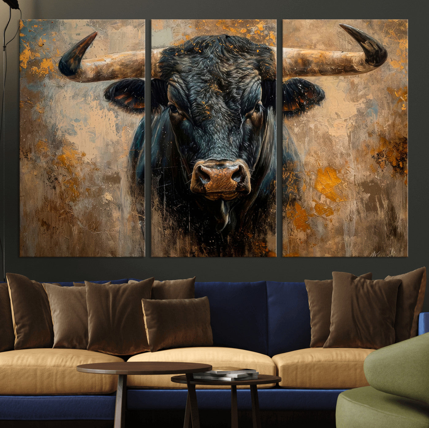 91615410-MGV-CV-36X24-Bull Wall Art – Rustic Western Longhorn Canvas Print, Powerful Abstract Animal Painting, Farmhouse Ranch Decor for Living Room,