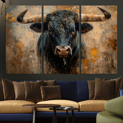 91615410-MGV-CV-36X24-Bull Wall Art – Rustic Western Longhorn Canvas Print, Powerful Abstract Animal Painting, Farmhouse Ranch Decor for Living Room,
