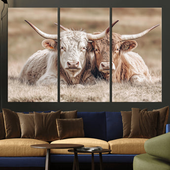38651722-MGV-CV-48X32-3P-Cow Wall Art – Rustic Longhorn Pair Canvas Print, Western Farmhouse Animal Painting, Country Ranch Decor for Living Room, Bedroom,