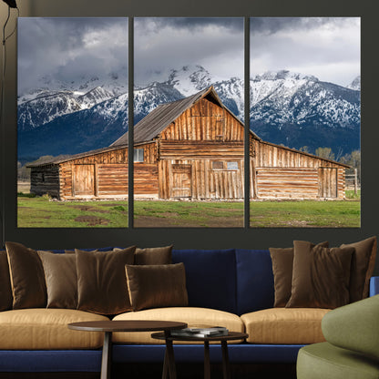 15173627-MGV-CV-36X24-Barn Wall Art – Rustic Wooden Cabin Canvas Print with Snowy Mountain Landscape, Western Farmhouse Country Decor for Living Room,