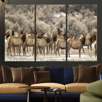 93076148-MGV-CV-36X24-Elk Herd Wall Art – Wildlife Canvas Print of Elk in Winter Landscape, Rustic Western Cabin & Lodge Décor, Nature Photography for