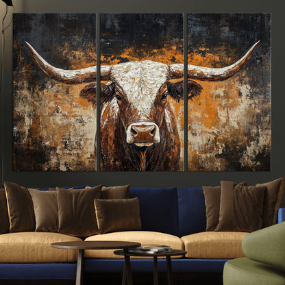 25265572-MGV-CV-36X24-Longhorn Bull Wall Art – Rustic Western Texas Steer Canvas Print, Textured Animal Painting for Home, Office, Man Cave or Farmhouse