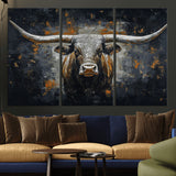 93195031-MGV-CV-36X24-Dark Longhorn Bull Wall Art – Western Steer Canvas Print, Moody Rustic Animal Painting for Man Cave, Ranch House, Office or Modern