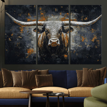93195031-MGV-CV-36X24-Dark Longhorn Bull Wall Art – Western Steer Canvas Print, Moody Rustic Animal Painting for Man Cave, Ranch House, Office or Modern