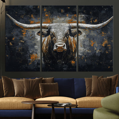 93195031-MGV-CV-36X24-Dark Longhorn Bull Wall Art – Western Steer Canvas Print, Moody Rustic Animal Painting for Man Cave, Ranch House, Office or Modern
