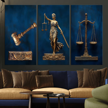 91629053-MGV-CV-36X24-Lady Justice Wall Art – Golden Gavel and Scales Canvas Print, Elegant Legal Office Decor for Lawyers, Judges, Courtroom or Study