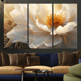 29539087-MGV-CV-36X24-Floral Wall Art – Elegant White and Gold Bloom Canvas Print, Romantic Modern Flower Artwork for Bedroom, Living Room, or Office