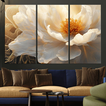 29539087-MGV-CV-36X24-Floral Wall Art – Elegant White and Gold Bloom Canvas Print, Romantic Modern Flower Artwork for Bedroom, Living Room, or Office