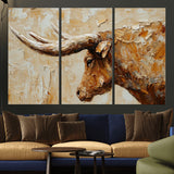 69611428-MGV-CV-36X24-Longhorn Bull Wall Art – Rustic Western Canvas Print, Textured Farmhouse Cattle Painting for Living Room, Office, or Ranch House