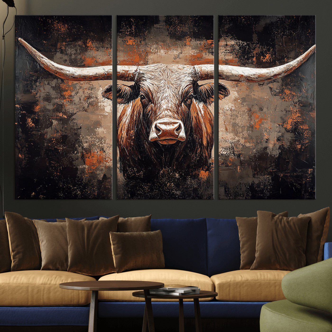 24779067-MGV-CV-36X24-Longhorn Bull Wall Art – Western Rustic Canvas Print, Bold Cowboy Cattle Painting for Ranch House, Farmhouse, Office, or Living