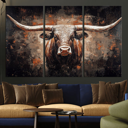 24779067-MGV-CV-36X24-Longhorn Bull Wall Art – Western Rustic Canvas Print, Bold Cowboy Cattle Painting for Ranch House, Farmhouse, Office, or Living