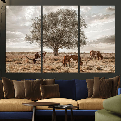 87590224-MGV-CV-36X24-Longhorn Cattle Wall Art – Rustic Western Landscape Canvas Print, Texas Farmhouse Prairie Scene for Living Room, Office, or Ranch