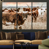 47758300-MGV-CV-36X24-Texas Longhorn Cattle Wall Art – Rustic Western Herd Canvas Print, Cowboy Ranch Farmhouse Decor for Living Room, Office, or
