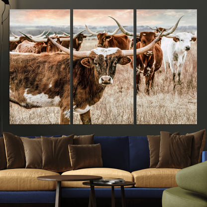47758300-MGV-CV-36X24-Texas Longhorn Cattle Wall Art – Rustic Western Herd Canvas Print, Cowboy Ranch Farmhouse Decor for Living Room, Office, or