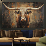 19204445-MGV-CV-36X24-Texas Longhorn Bull Wall Art – Rustic Western Canvas Print, Bold Cowboy Cattle Painting for Ranch House, Farmhouse, Office, or