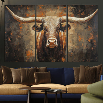 19204445-MGV-CV-36X24-Texas Longhorn Bull Wall Art – Rustic Western Canvas Print, Bold Cowboy Cattle Painting for Ranch House, Farmhouse, Office, or