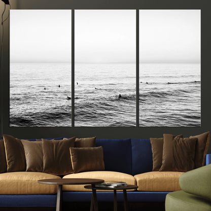 47208268-MGV-CV-36X24-Surfer Ocean Wall Art – Black and White Coastal Canvas Print, Minimalist Surfing Seascape Decor for Living Room, Bedroom, or Beach