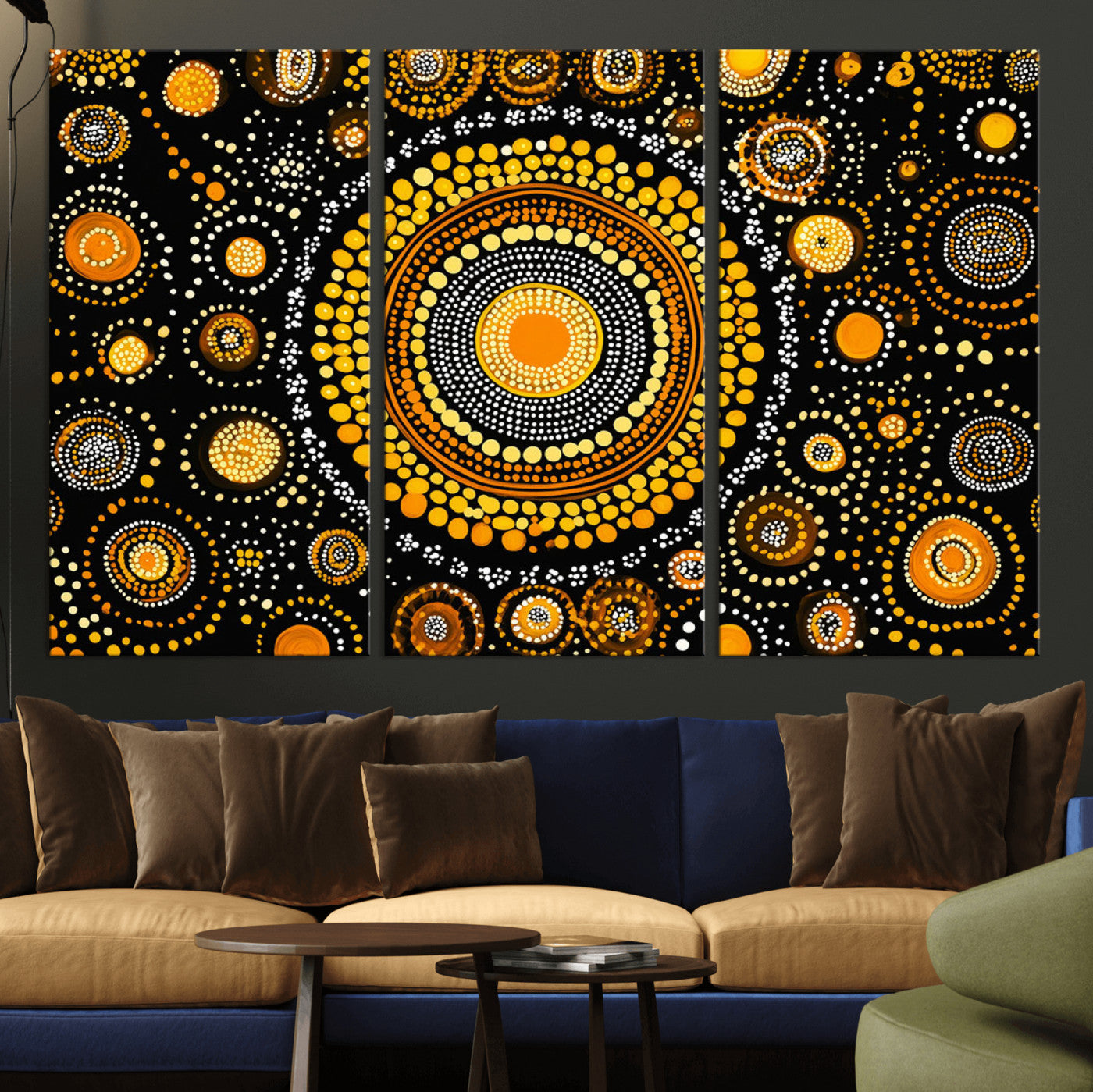 45478523-MGV-CV-36X24-Abstract Circle Wall Art – Bold Black and Gold Dot Painting Canvas Print, Modern Geometric Mandala Style Decor for Living Room or