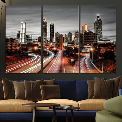 59097239-MGV-CV-48X32-3P-City Skyline Wall Art – Modern Black and White Night Canvas Print with Red Light Trails, Urban Landscape Decor for Living Room or