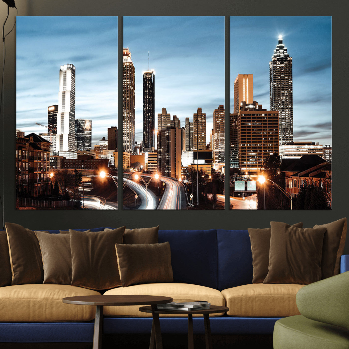 23859158-MGV-CV-36X24-Atlanta Skyline Wall Art – Modern Cityscape Canvas Print with Night Lights and Traffic Trails, Urban Decor for Office, Apartment,