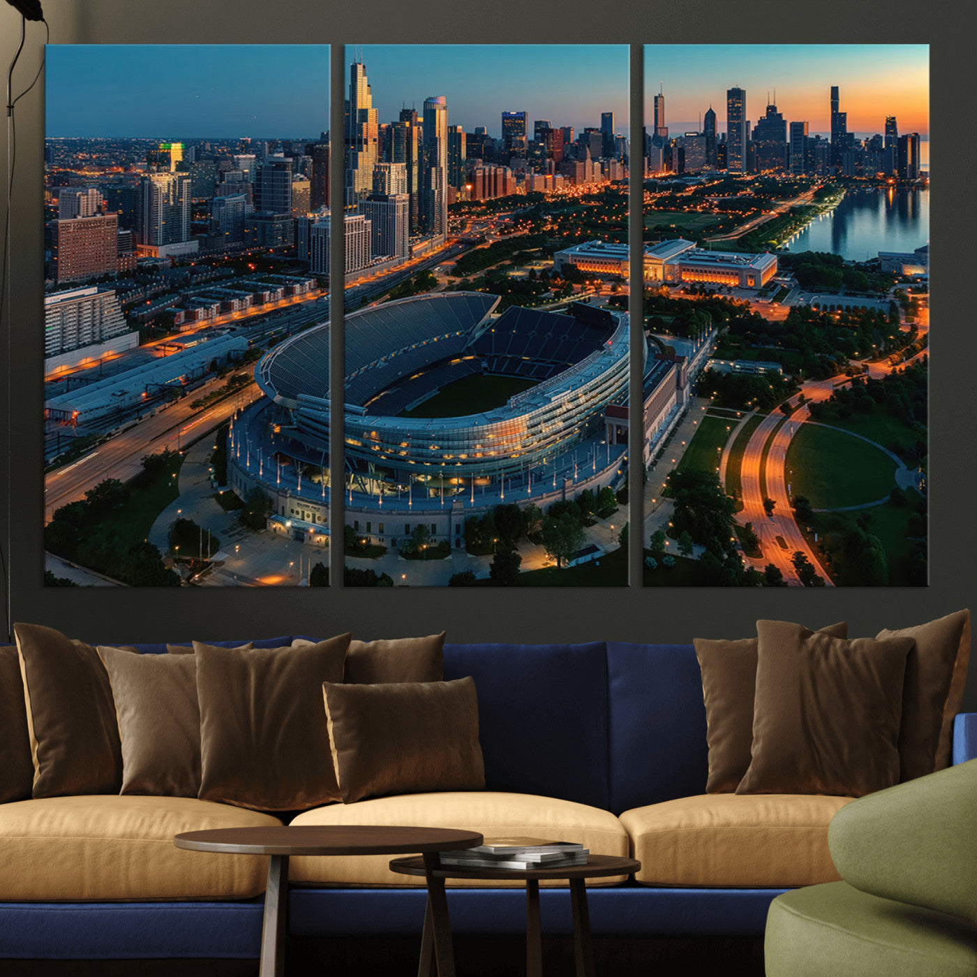 36690345-MGV-CV-36X24-Soldier Field Wall Art – Chicago Bears Stadium Aerial Night Canvas Print, City Skyline Football Decor for Living Room, Office, or