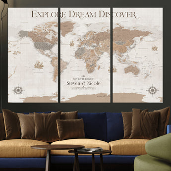 63516865-MGV-CV-36X24-Explore Dream Discover World Map Wall Art – Inspirational Travel Adventure Canvas Print, Neutral Parchment Style Explorer Decor