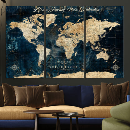 36970886-MGV-CV-36X24-Life is a Journey Not a Destination World Map Rustic Navy Beige Vintage Travel Wall Art Adventure Quote Canvas Print for Home
