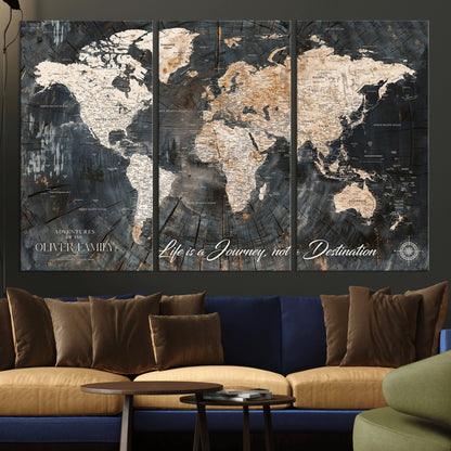37848568-MGV-CV-36X24-Life is a Journey Not a Destination World Map Rustic Wood Texture Vintage Beige Navy Adventure Wall Art Canvas Print for Home