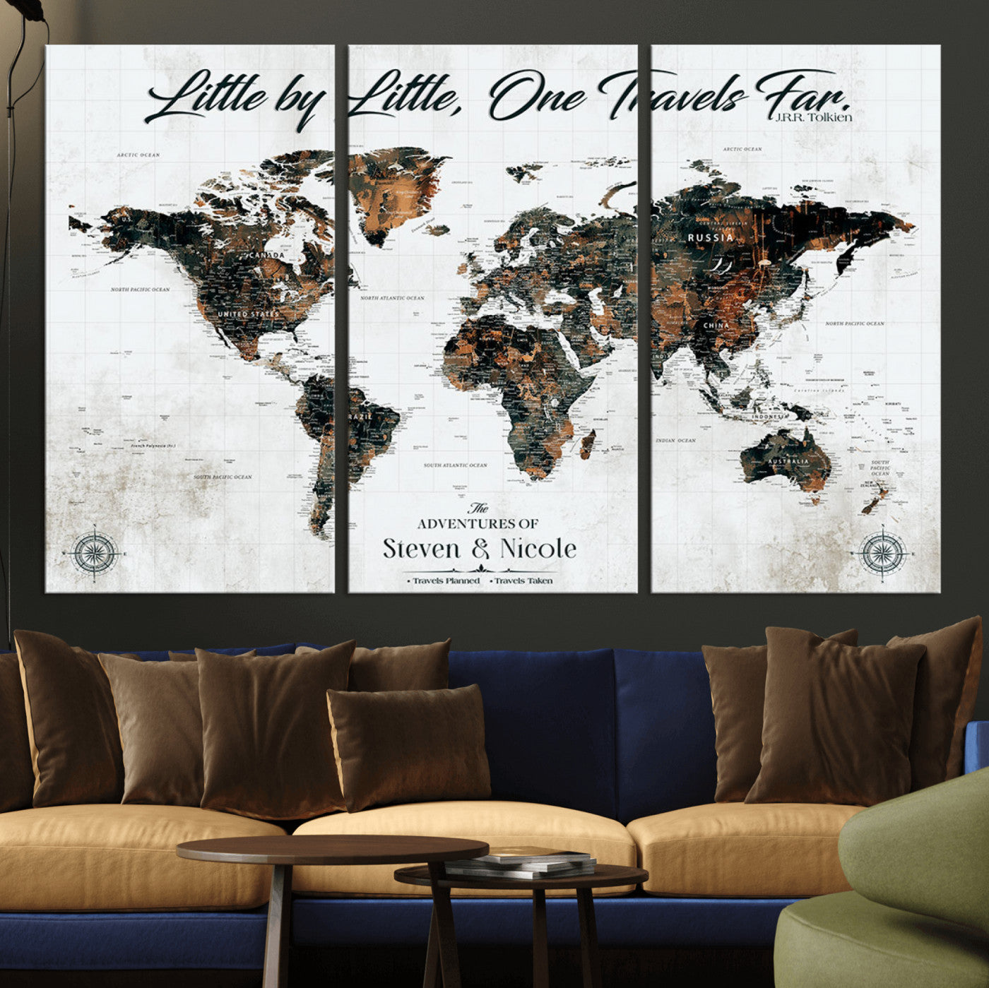 88337180-MGV-CV-36X24-Little by Little One Travels Far Tolkien Quote World Map Rustic Black Brown Adventure Wall Art Canvas Print for Home Office Living