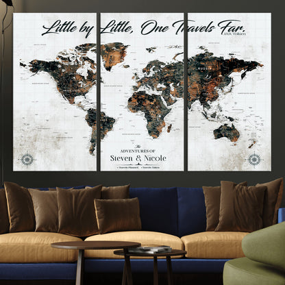 88337180-MGV-CV-36X24-Little by Little One Travels Far Tolkien Quote World Map Rustic Black Brown Adventure Wall Art Canvas Print for Home Office Living
