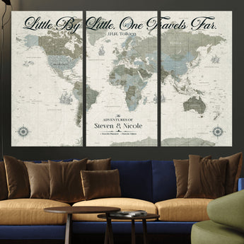 10693204-MGV-CV-36X24-Little By Little One Travels Far Tolkien Quote Blue Green World Map Adventure Wall Art Canvas Print Rustic Wanderlust Travel Decor