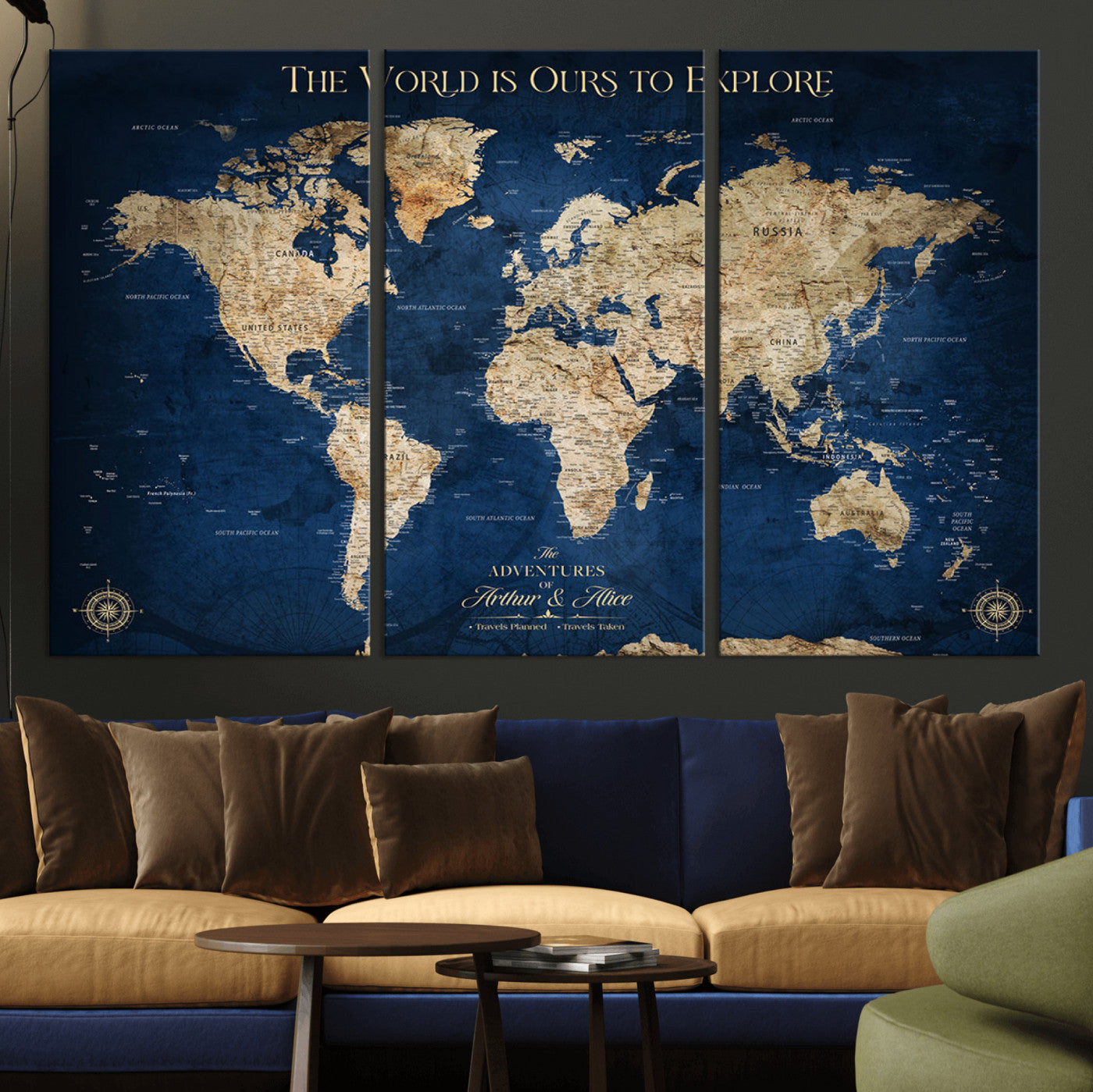54782997-MGV-CV-36X24-The World is Ours to Explore Wall Art – Blue World Map Canvas Print, Adventure Travel Decor for Home, Office or Living Room,