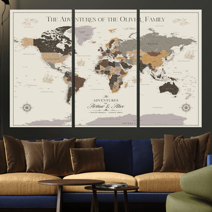 38723540-MGV-CV-36X24-Adventures of the Oliver Family Wall Art – Earth Tone World Map Canvas Print, Minimalist Travel Decor for Living Room, Bedroom or