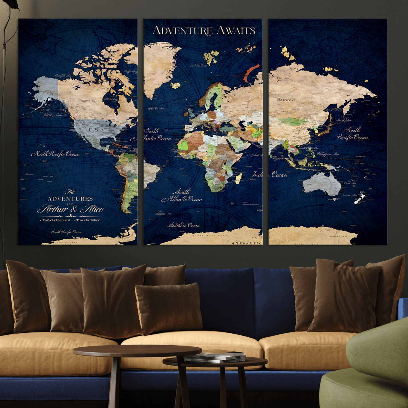 43160428-MGV-CV-36X24-Adventure Awaits Navy Blue World Map – Vibrant Travel Canvas Wall Art, Antique Atlas Print, Wanderlust Decor for Home Office
