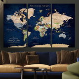 43160428-MGV-CV-36X24-Adventure Awaits Navy Blue World Map – Vibrant Travel Canvas Wall Art, Antique Atlas Print, Wanderlust Decor for Home Office