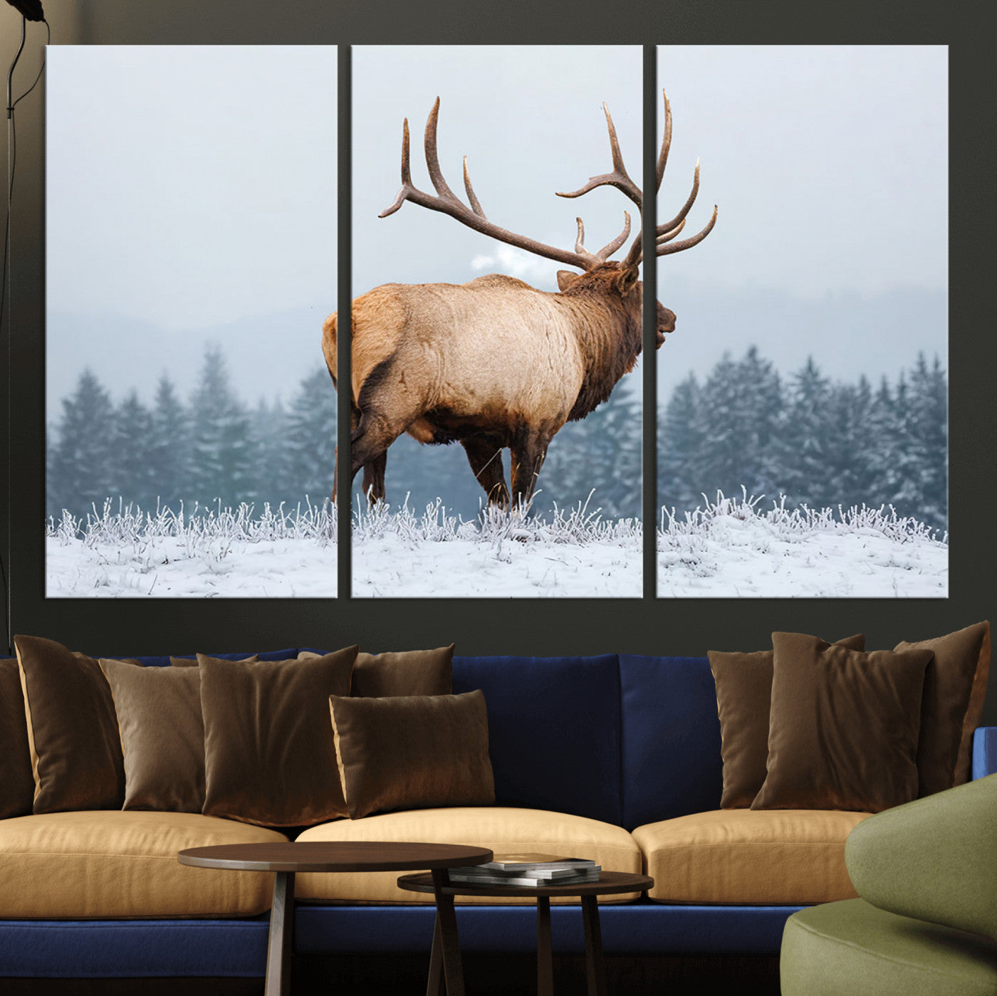 85177251-MGV-CV-36X24-Elk Wall Art – Majestic Wildlife Canvas Print of Bull Elk Snowy Forest, Rustic Nature Decor for Living Room, Cabin, or Office