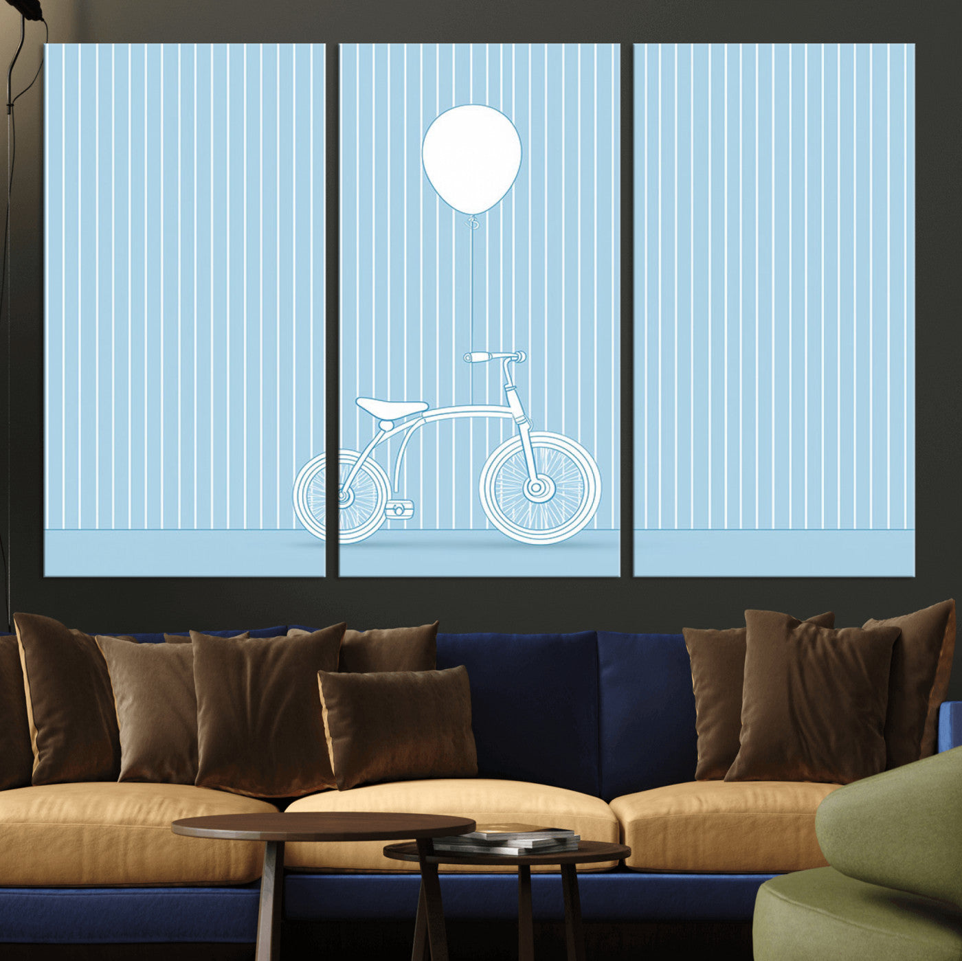 56479838-MGV-CV-36X24-Bicycle Wall Art – Minimalist Blue Canvas Print with Balloon Illustration, Modern Decor Artwork for Kids Room, Nursery, or Living