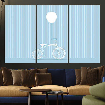 56479838-MGV-CV-36X24-Bicycle Wall Art – Minimalist Blue Canvas Print with Balloon Illustration, Modern Decor Artwork for Kids Room, Nursery, or Living