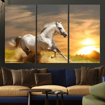 44295212-MGV-CV-36X24-Horse Wall Art – Running White Stallion Canvas Print with Sunset Background, Western Wildlife Decor for Living Room, Office, or
