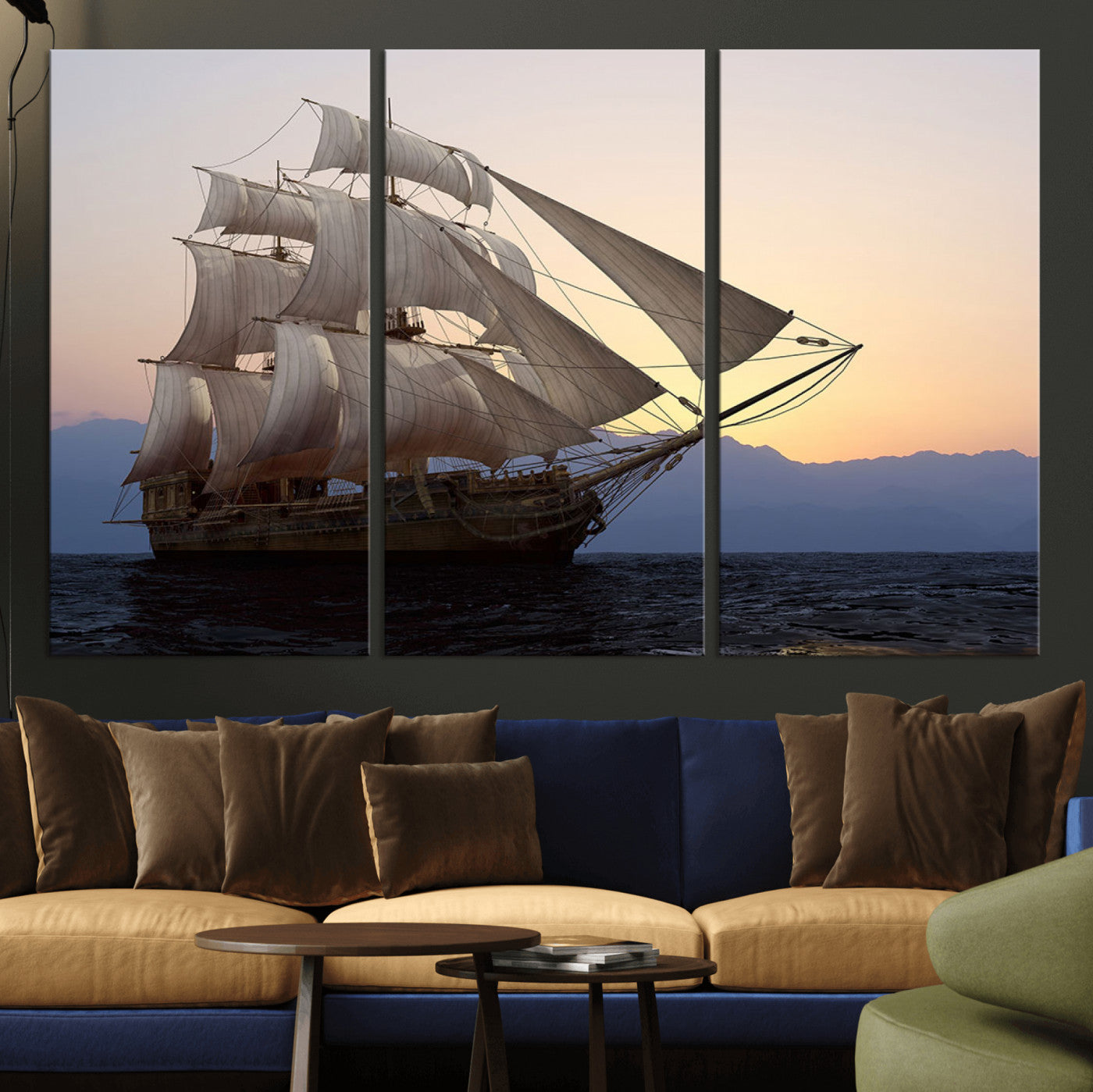 31270610-MGV-CV-36X24-Sailing Ship Wall Art – Sunset Seascape Canvas Print with Tall Ship at Sea, Nautical Ocean Decor for Living Room, Office, or