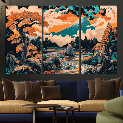 21638941-MGV-CV-36X24-Japanese Landscape Wall Art – Mount Fuji and Flowing River Ukiyo-e Style Canvas Print, Traditional Japan Inspired Artwork for