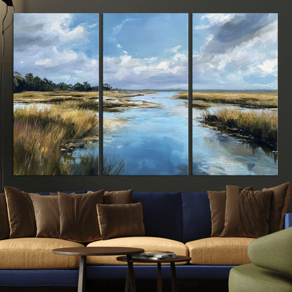 87082041-MGV-CV-36X24-Painted Marshland Canvas Wall Art – Serene Water Reflection, Blue Sky, Golden Grass Landscape, Calm Nature Decor for Home, Office,