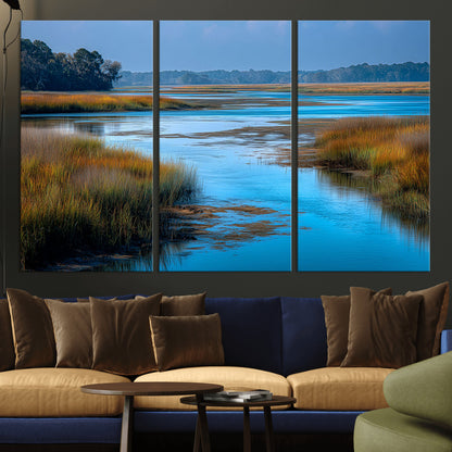 26300004-MGV-CV-36X24-Tranquil Marshland Canvas Wall Art – Blue Water, Reflective Sky, Golden Grasses, Calm Nature Landscape, Scenic Outdoor Beauty for
