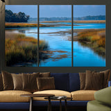 26300004-MGV-CV-36X24-Marshland Landscape Wall Art – Scenic Nature Canvas Print with Golden Grass and Blue Water, Peaceful River Photography for Living