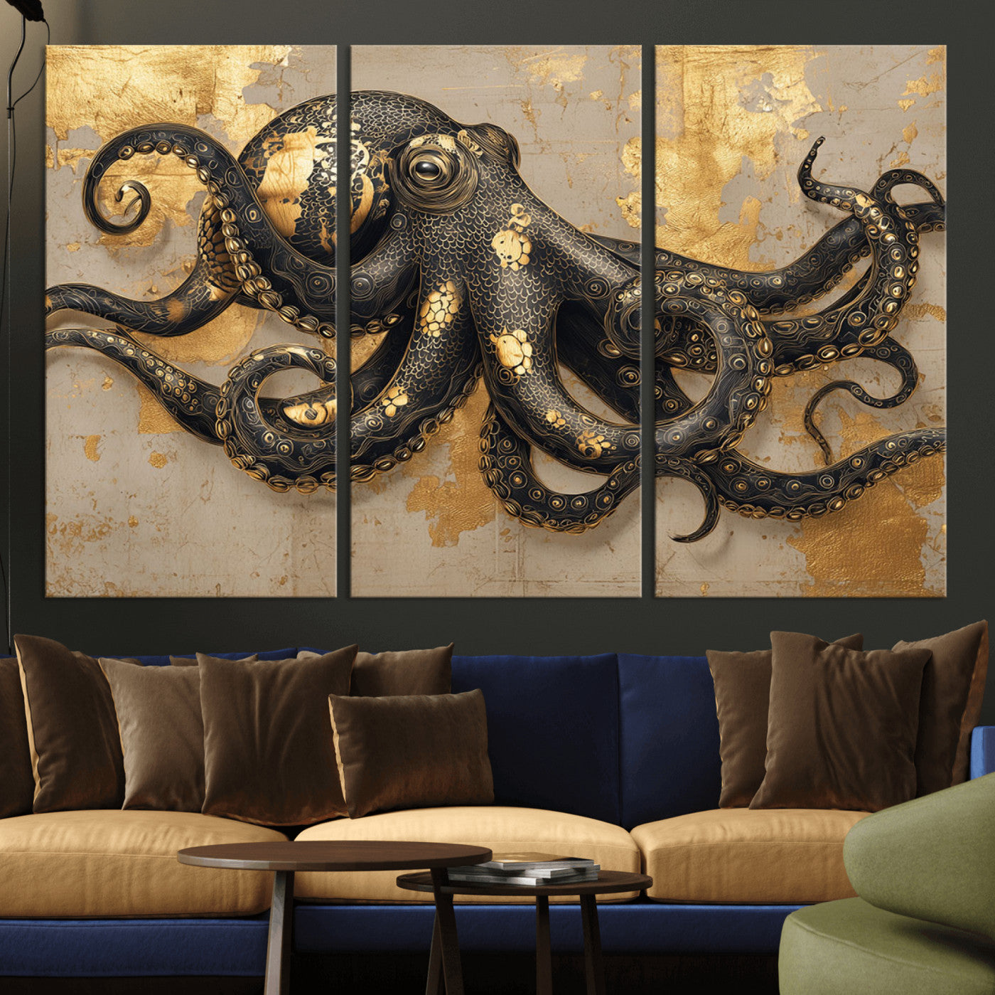 57944271-MGV-CV-36X24-Octopus Wall Art – Black and Gold Nautical Canvas Print, Modern Ocean Inspired Artwork with Elegant Detailing, Coastal Marine