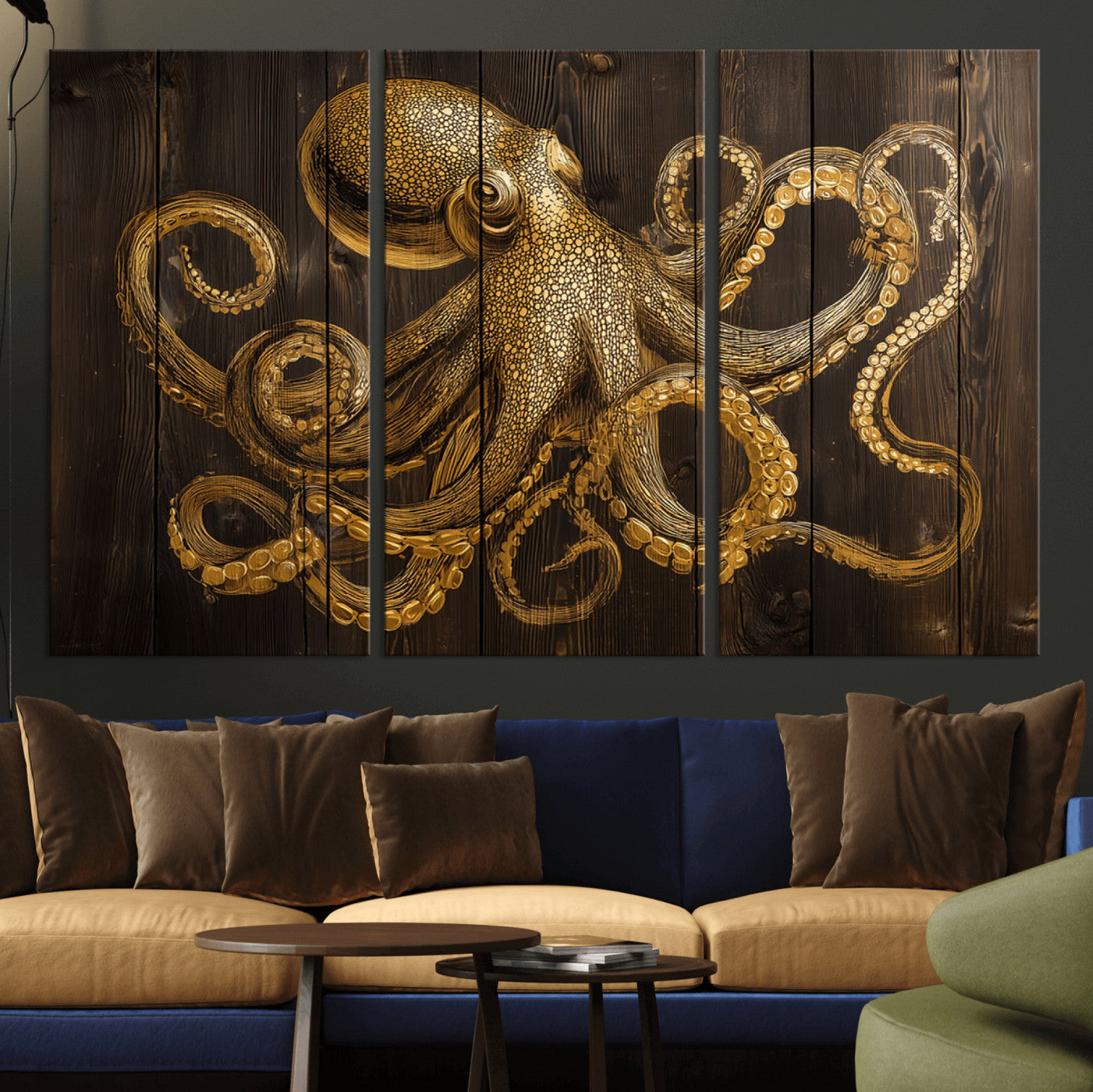 56769669-MGV-CV-36X24-Octopus Wall Art – Gold Nautical Canvas Print with Rustic Wood Panel Design, Detailed Marine Artwork for Coastal Ocean Decoration