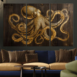 56769669-MGV-CV-36X24-Octopus Wall Art – Gold Nautical Canvas Print with Rustic Wood Panel Design, Detailed Marine Artwork for Coastal Ocean Decoration