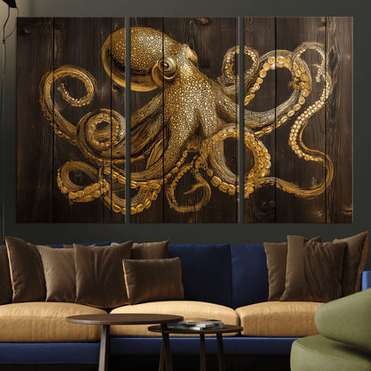 56769669-MGV-CV-36X24-Octopus Wall Art – Gold Nautical Canvas Print with Rustic Wood Panel Design, Detailed Marine Artwork for Coastal Ocean Decoration